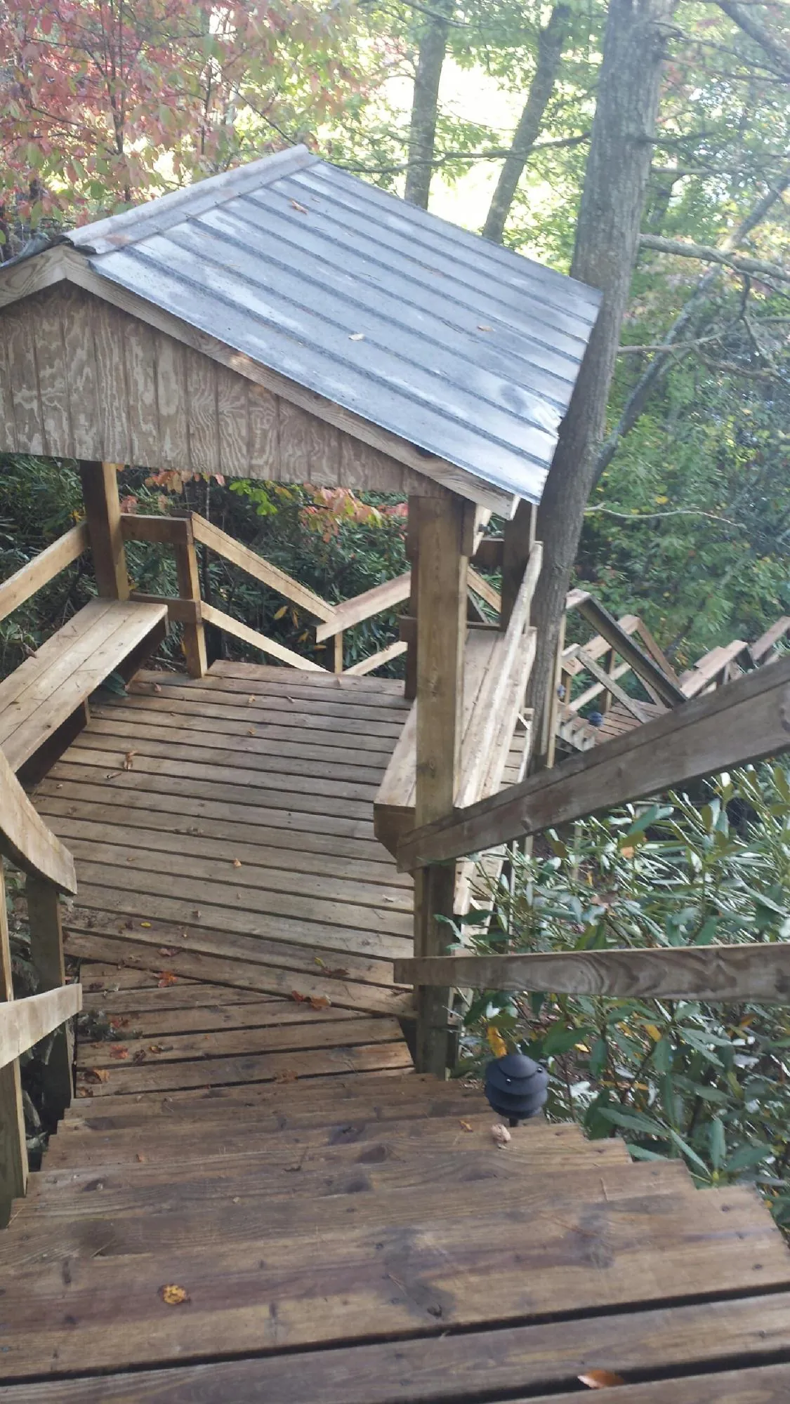 Metal roofed shelter over wooden steps on a wooded walkway — Skylight Repair & Installation work by our crew in Sandy Creek